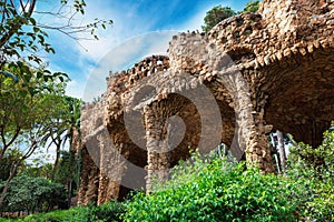 Columns in Park Guell designed by Antoni Gaudi in Barcelona, Spain