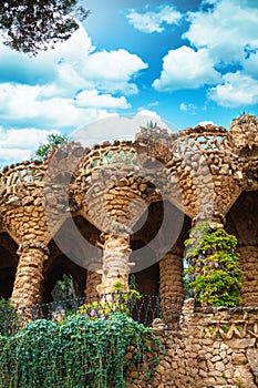 Columns in Park Guell designed by Antoni Gaudi in Barcelona, Spain