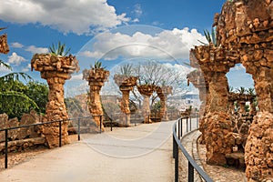 Columns in Park Guell designed by Antoni Gaudi in Barcelona, Spain