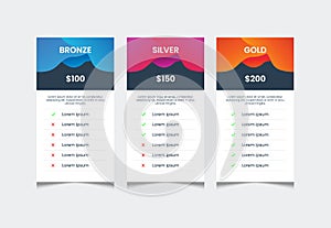 3 columns of price list table desing template, comparative table, infographic tariff vector
