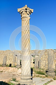 Columns in Roman ruins, ancient Roman city of Volubilis. Morocco