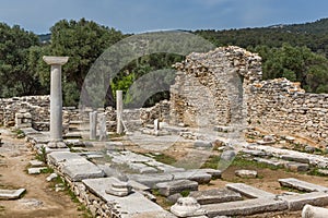 Columns in Ruins of ancient church in Archaeological site of Aliki, Thassos island, Greece