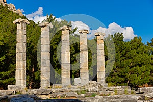 Columns on ruins of ancient Temple of Athena in Priene, Turkey