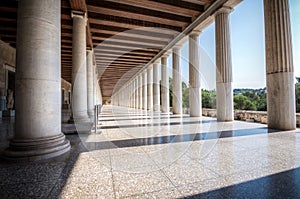 Columns at the Stoa of Attalos in the ancient Agora & x28;Forum& x29; of A