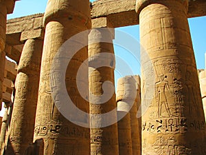 Columns with stone carved Egyptian hieroglyphics