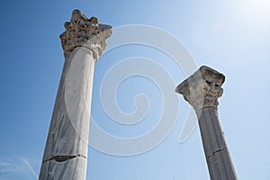 Columns of Tauric Chersonesos close-up against the blue sky. BC history and life concept.