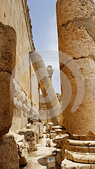 Columns of the Temple of Bacchus. The ruins of the Roman city of Heliopolis or Baalbek in the Beqaa Valley. Baalbek, Lebanon -