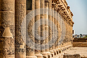 Columns in the temple of Isis from Philae at its current location on Agilkia Island in Lake Nasser, Egypt