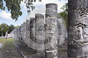 Columns in the Temple of a Thousand Warriors in Chichen Itza ruins, Maya civilization, Mexico