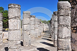 The columns in the Thousand Warriors Temple complex inside the maya archeological site of Chichen Itza, Mexico