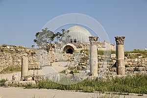 Columns and view of the Umayyad Palace at Jabal al-Qal`a, the ol