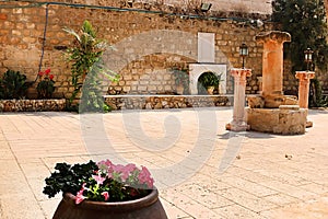 Columns and wine bowl with flowers on the yard of the Cana greek orthodox wedding church in Cana of Galilee, Kfar Kana photo