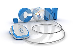 .COM 3D Word with Globe World and Computer Mouse
