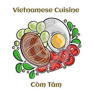 Com Tam Suon vietnamese food: Delicious broken rice with egg pie and BBQ pork chop. Isolated vector illustration