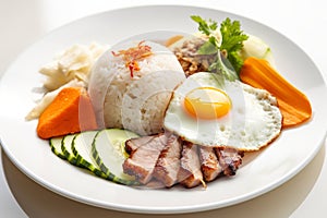 Com Tam, Vietnamese dish with broken rice served with grilled pork, pickled vegetables, fried egg, AI generative