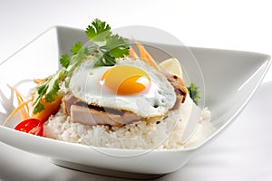 Com Tam, Vietnamese dish with broken rice served with grilled pork, pickled vegetables, fried egg, AI generative