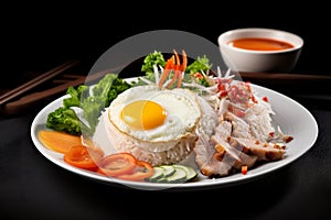 Com Tam, Vietnamese dish with broken rice served with grilled pork, pickled vegetables, fried egg, generative AI