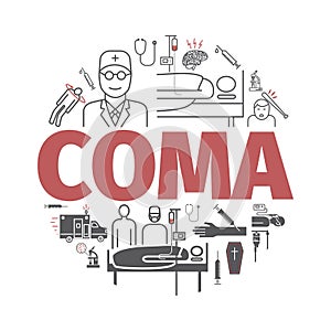 Coma banner. Hospital bed. Infographic line icons. Vector photo