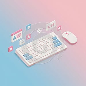ComAIgeneratedputer keyboard and mouse set on a gradient background of pink and blue.