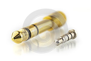 Comapring audio jack converter 3.5mm and 6.3mm isolated on white background, audio connector accessories photo