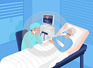 Comatose patient in intensive care unit flat color vector illustration