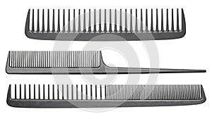 Comb for Hair. Professional barber comb for man or woman haircut. Hairdresser salon equipment. Three different hair cutting carbon