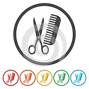 Comb hair with scissors sign icon. Barber symbol