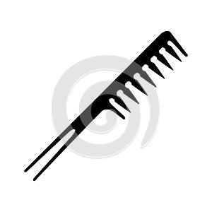 The comb icon. Black silhouette of a comb with large teeth for detangling hair and two teeth on the handle for styling hair.