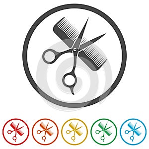Comb and scissors icon, 6 Colors Included
