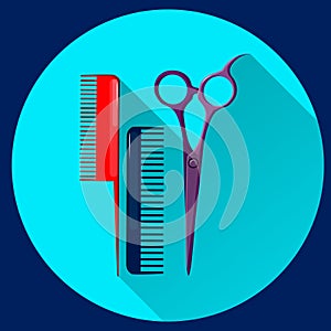 Comb and scissors icon flat.