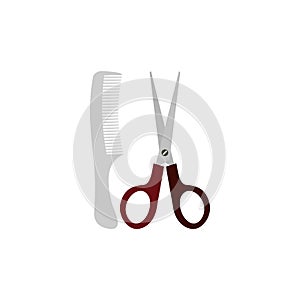 Comb and scissors icon in flat style