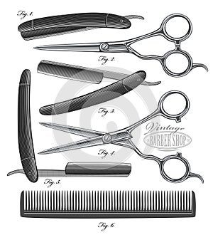 Comb, Scissors and Razor in vintage engraved style