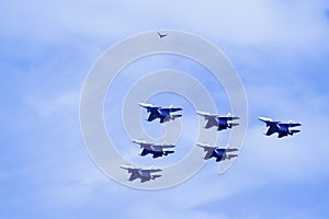 Combat aircraft. Aerobatics in the sky over Yaroslavl. Summer da