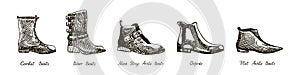 Combat Boots, Biker Boots, Monk Strap Ankle Boot, Oxfords, Flat Ankle Boots, isolated hand drawn outline doodle, sketch, black and