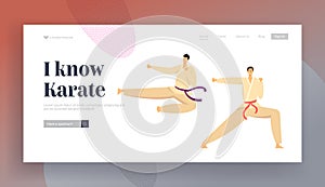 Combat Competition Sports Life Website Landing Page, Sportsmen Wearing Kimono and Belts Clash in Karate Air Kick