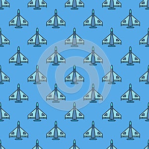 Combat Drone vector blue seamless pattern - Kamikaze Military Drone background
