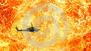 Combat helicopter on a fiery background, Fire flames