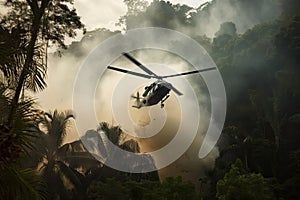 combat helicopter flies low over smoking jungle, providing cover during intense firefight
