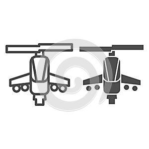 Combat helicopter line and solid icon. Attack weapon, army air vehicle symbol, outline style pictogram on white