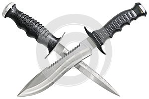Combat Hunting Bowie Knife Crossed With Sharp Point Dive Dagger Isolated On White Background