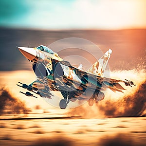 Combat military fighter rapidly takes off at high, generative AI