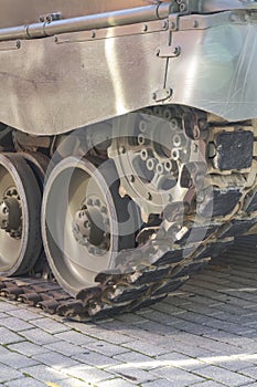 Combat, Military tank, detail of tracks or wheels of the off-road armored vehicle