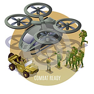 Combat Ready, Air Force, troop transport, vector illustration isometric icons on isolated round background