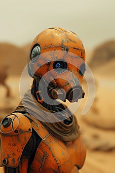 combat robot warrior in desert in dust in apocalyptic futuristic world