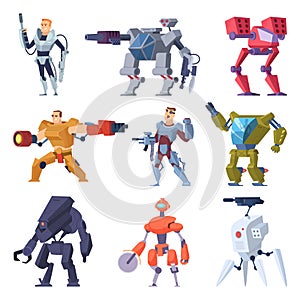 Combat robots. Armor transformers android protective electronic soldier future weapon vector characters