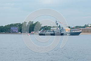SAINT-PETERSBURG, RUSSIA - JULY 20, 2017: A combat ship at the rehearsal of the naval parade in St. Petersburg