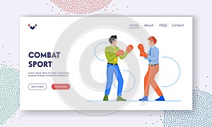 Combat Sport Landing Page Template. Businessmen Boxing In Office, Male Characters Display Competitive Spirit