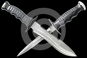 Combat Survival And Dive Knife Set With Crossed Blades Isolated On Black Background