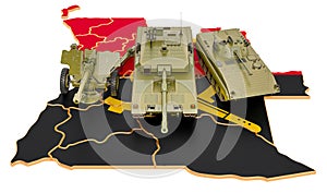 Combat vehicles on Angolan map. Military defence of Angola concept, 3D rendering