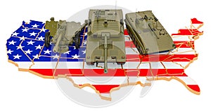 Combat vehicles on the United States map. Military defence of the USA concept, 3D rendering